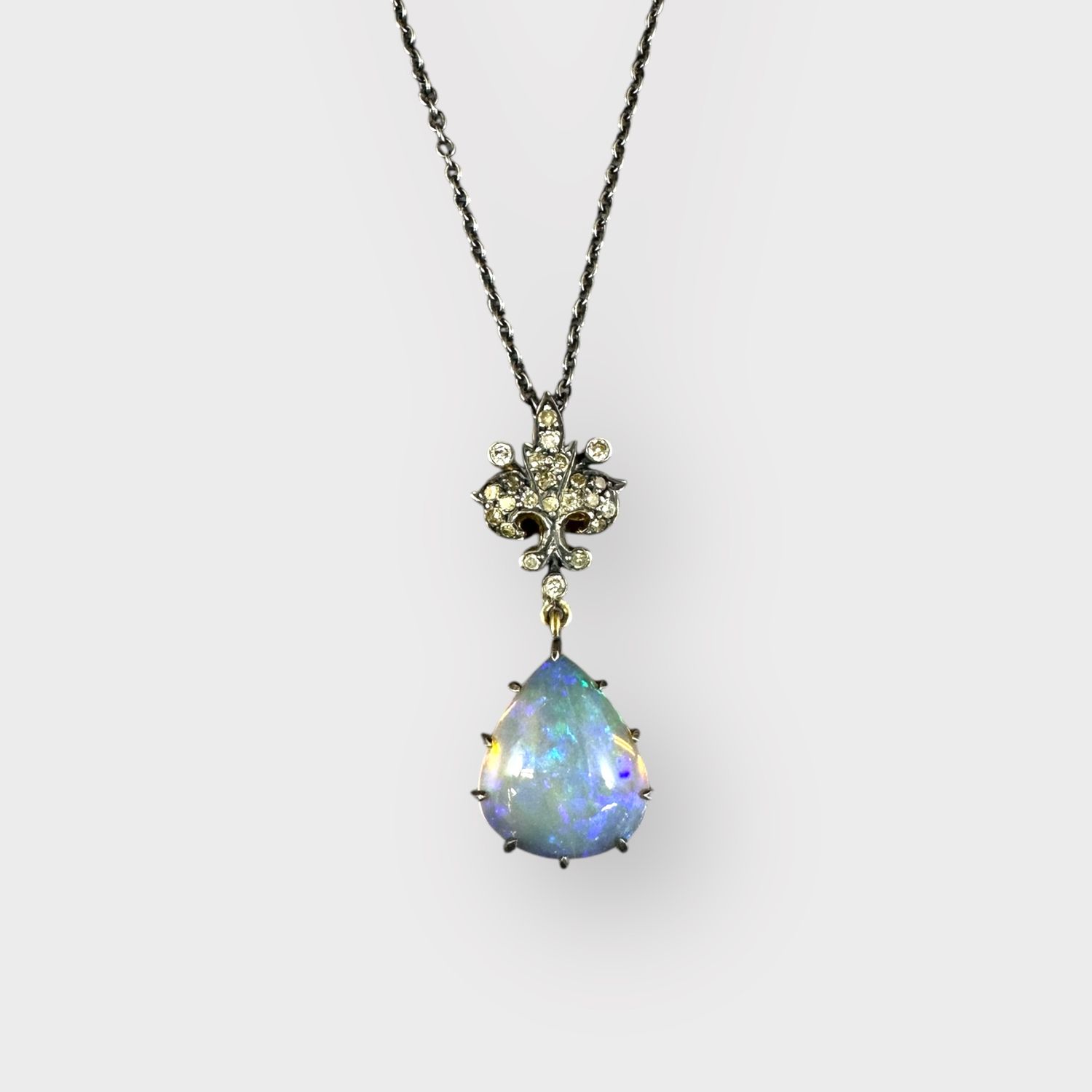 Vintage 14k Gold Vermeil Fleur De Lis Opal and Diamond Pendant:  16&quot; Sterling Necklace