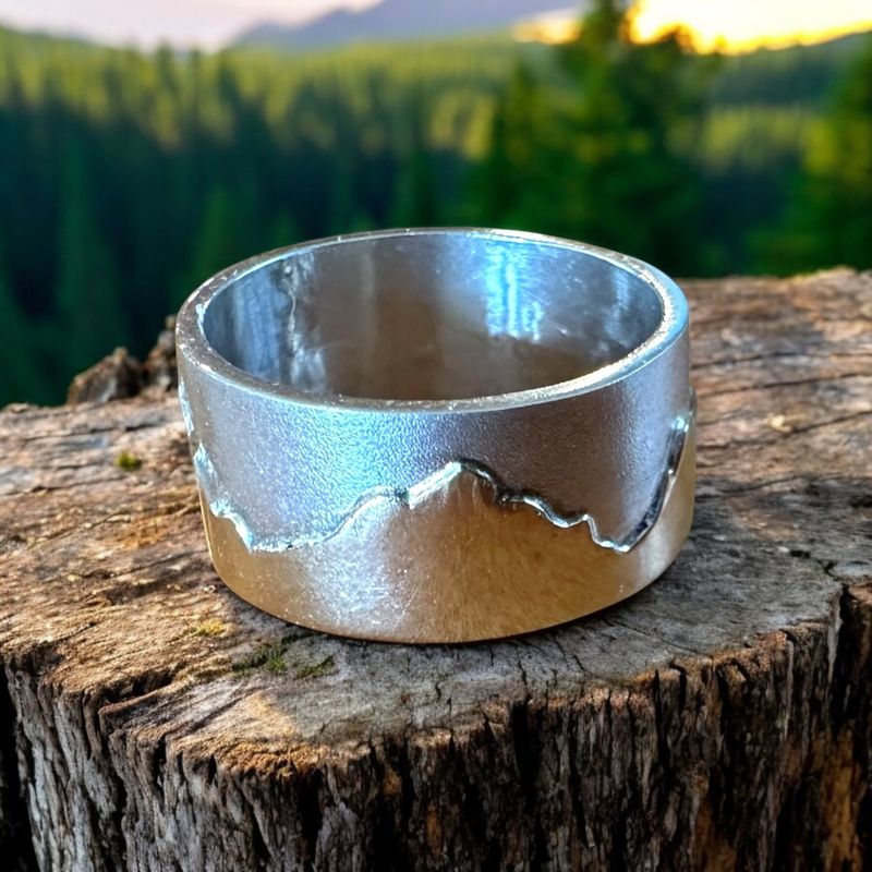 Custom Mountain Ring Sterling Silver With 14k Gold 10mm