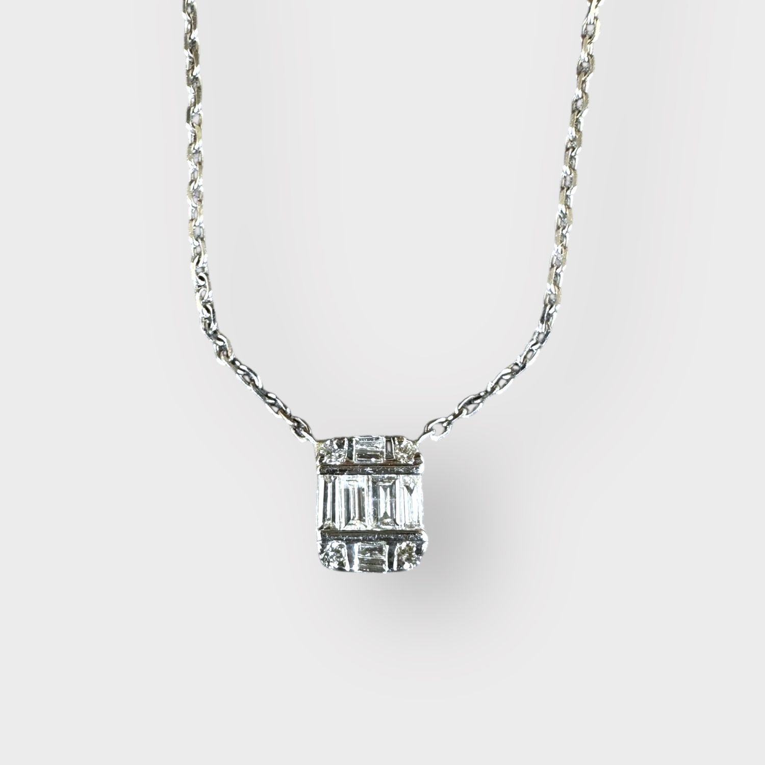 14K White Gold Art Deco Diamond Necklace - Baguette &amp; Round Diamonds, 16&quot; Chain