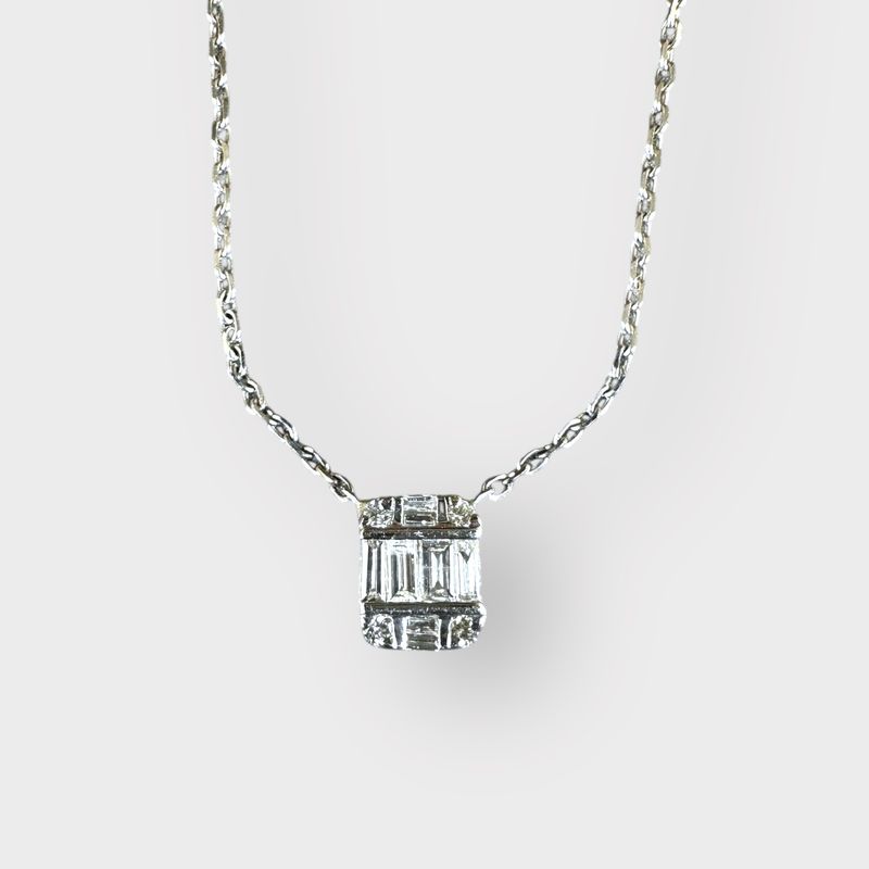 14K White Gold Art Deco Diamond Necklace - Baguette &amp; Round Diamonds, 16&quot; Chain