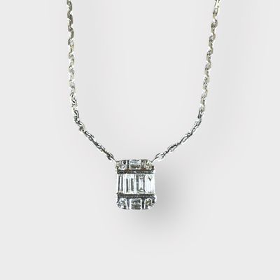 14K White Gold Art Deco Diamond Necklace - Baguette &amp; Round Diamonds, 16&quot; Chain