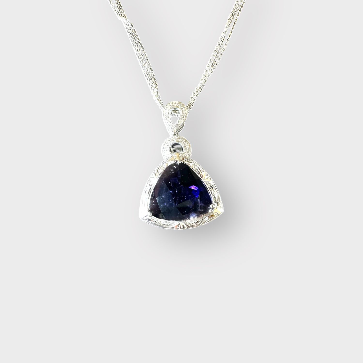 18K White Gold Iolite Trillion Pendant with Diamond Accents