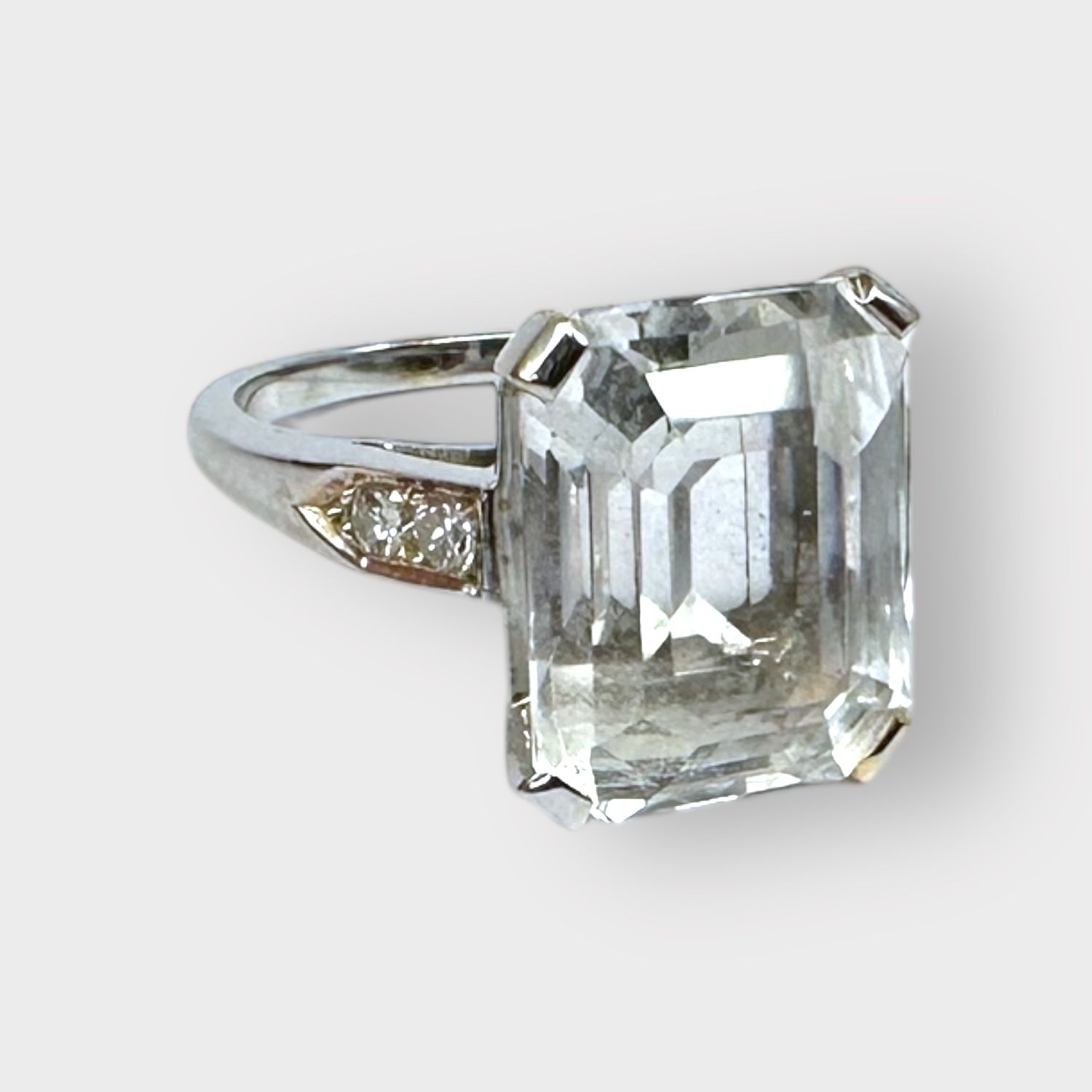 14K White Gold Emerald-Cut White Topaz Ring  with Diamond Accents
