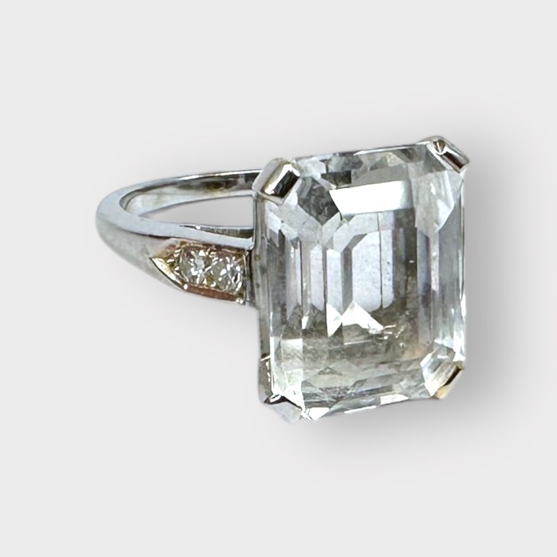 14K White Gold Emerald-Cut White Topaz Ring  with Diamond Accents