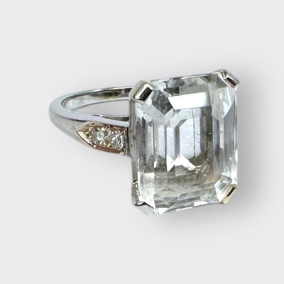14K White Gold Emerald-Cut White Topaz Ring  with Diamond Accents