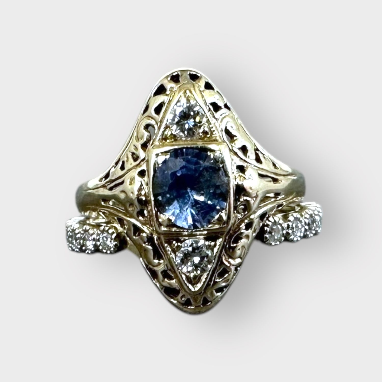 14k Deco Dinner Ring Sapphire 14x Diamonds with joined band 7778 SE