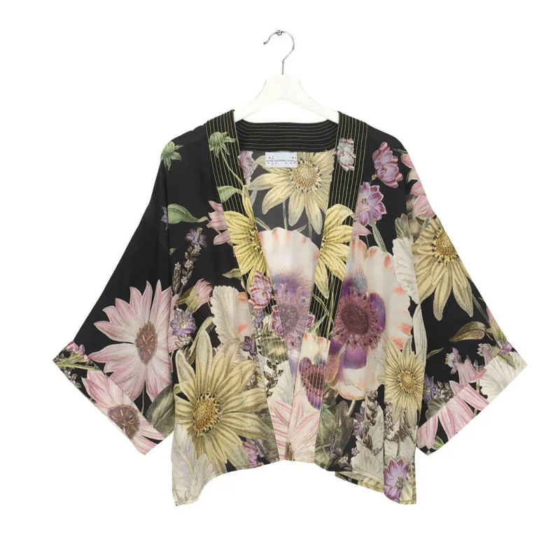 One Hundred Stars Short Kimono Daisy Black Crepe