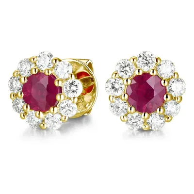 14k .60 C Ruby Diamond Halo Post Earrings