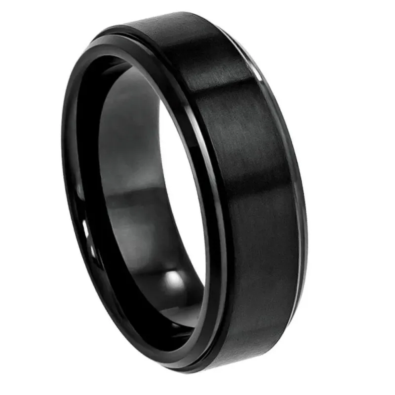 Tungsten 8mm Black Flat High Polish Beveled Edge Brushed Center Wide matte black ring