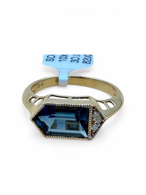 Standout Design London Blue Topaz 14k Yellow Gold Ring With Diamonds Art Deco Shape