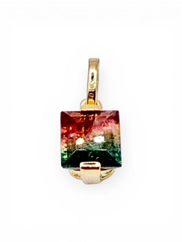 14k 1.2c Watermelon Tourmaline Square Pendant