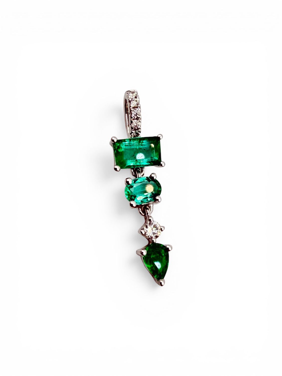14k White Gold Three Shape Emerald Diamond Pendant