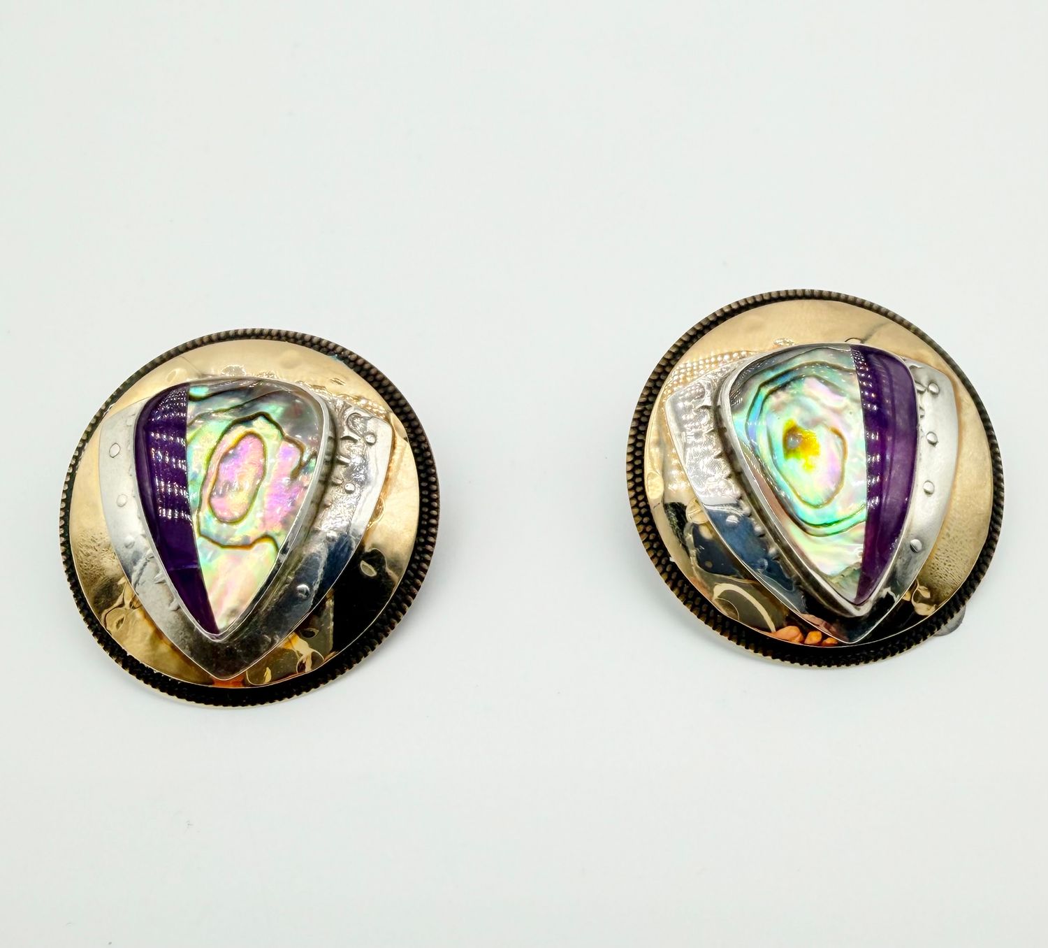 Signed Tabra Tunoa Vintage SS Abalone &amp; Amethyst Earrings