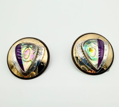 Signed Tabra Tunoa Vintage SS Abalone &amp; Amethyst Earrings