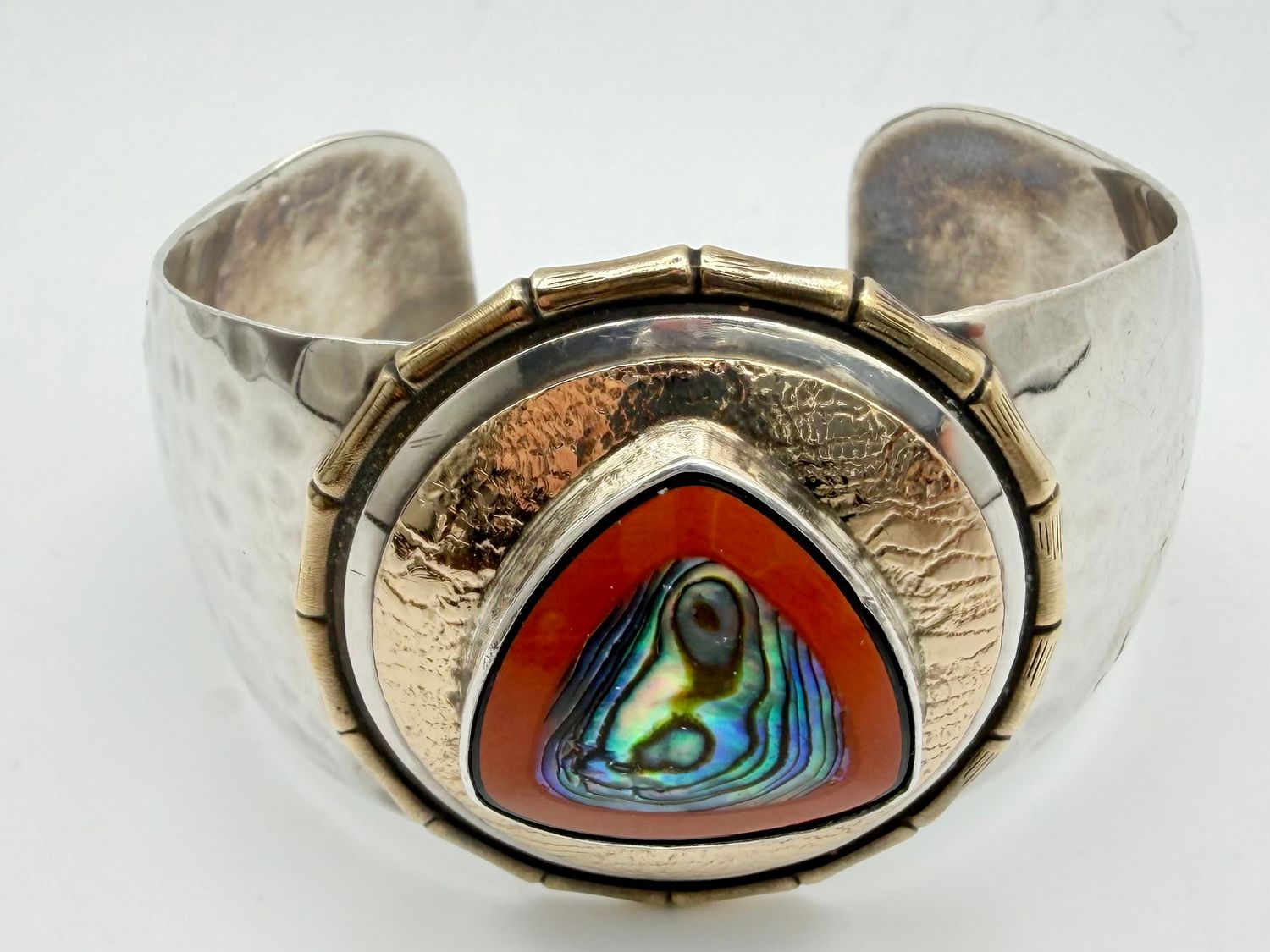 Signed Tabra Tunoa Vintage SS Abalone Cuff w/Gold Tone Details
