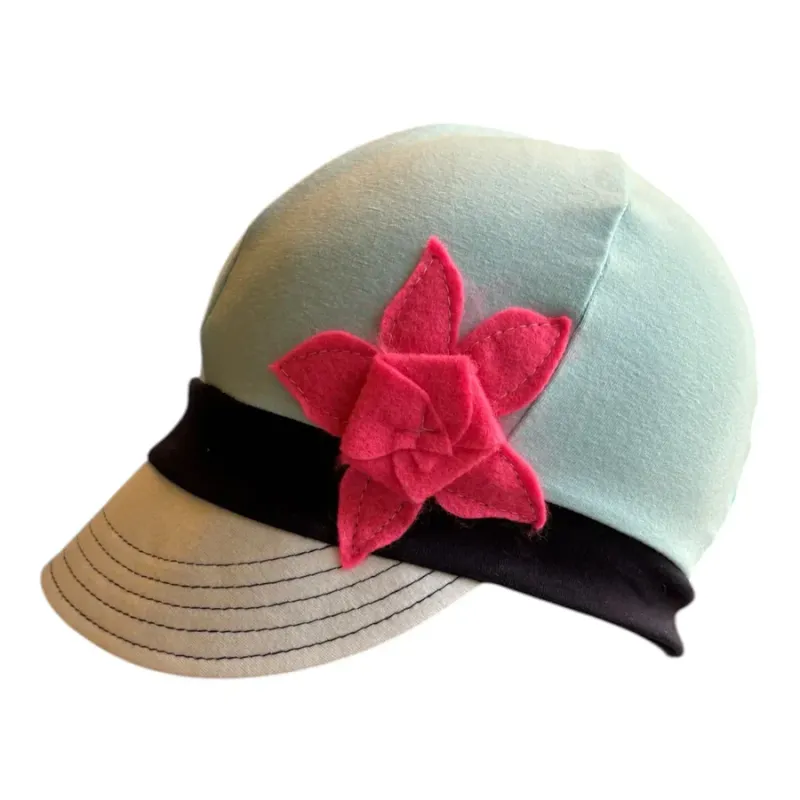 Light blue stretchy cap with pink flower on side