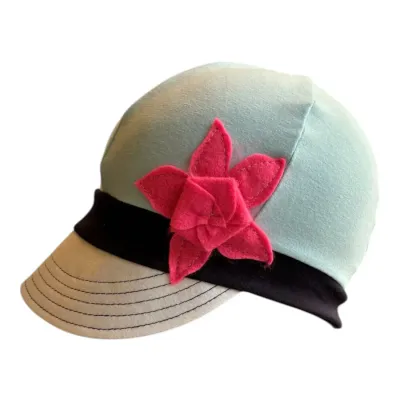 Light blue stretchy cap with pink flower on side