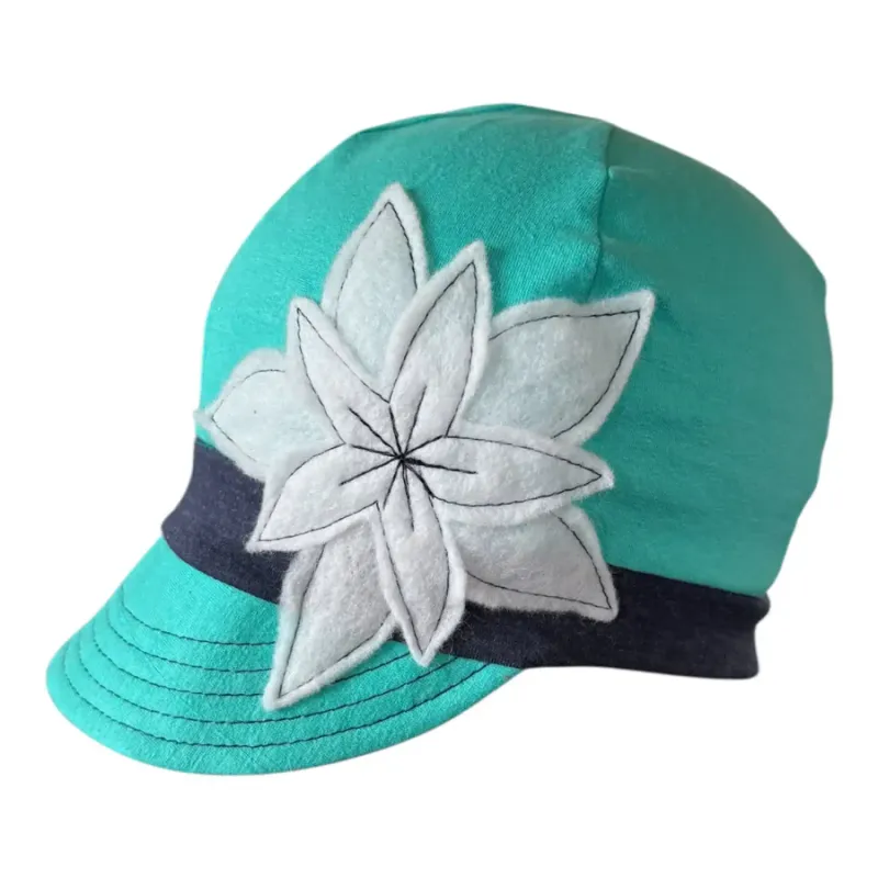 Aqua blue stretchy hat with white flower on side