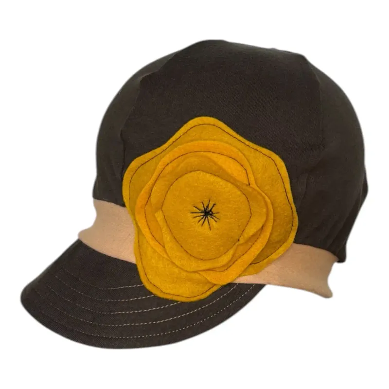 Brown Stretchy Cap with brim with yellow applique flower on side