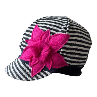 Weekender Upcycled Hat Black & White Stripes Fuchsia Flower