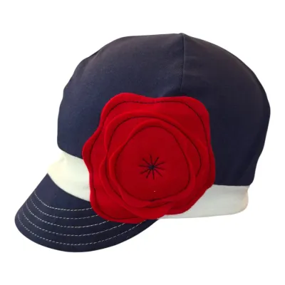 Blue soft stretchy womens cap with red flower on side