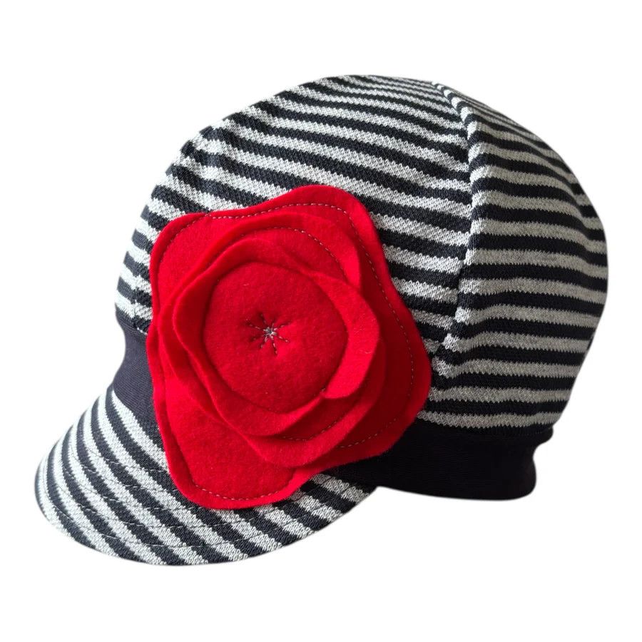 Black and White Striped stretchy hat with red flower