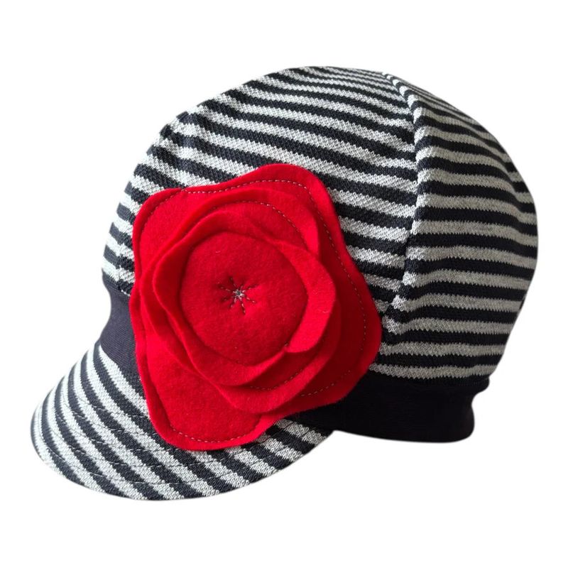 Black and White Striped stretchy hat with red flower