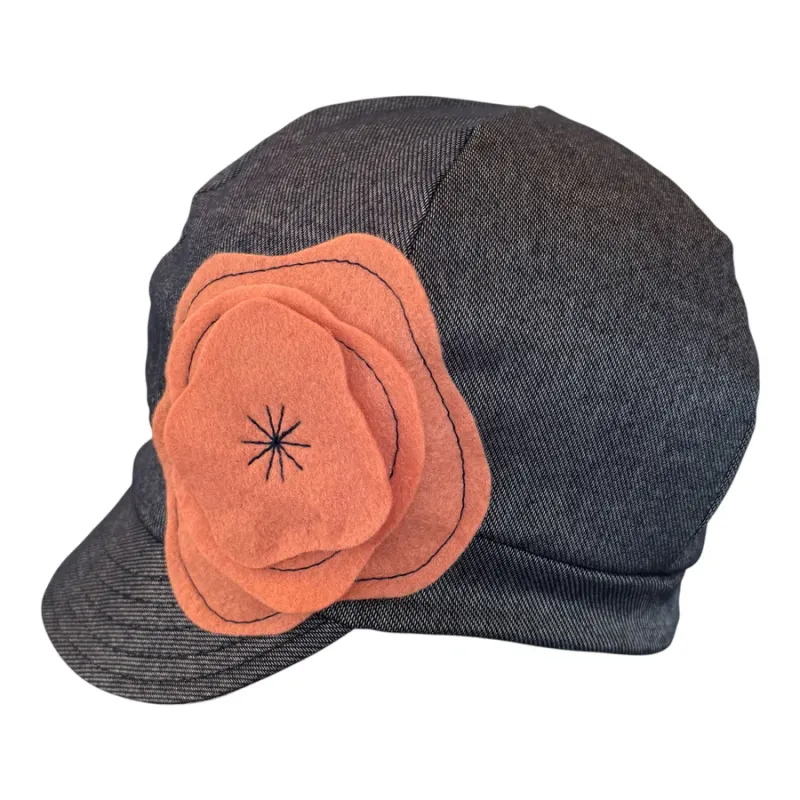 Dark blue denim stretchy hat with pink peach flower on side