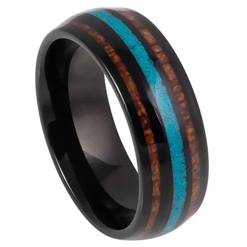 Tungsten 8mm Black with Koa Wood & Crushed Turquoise Tungsten 8mm Black with Koa Wood & Crushed Turquoise