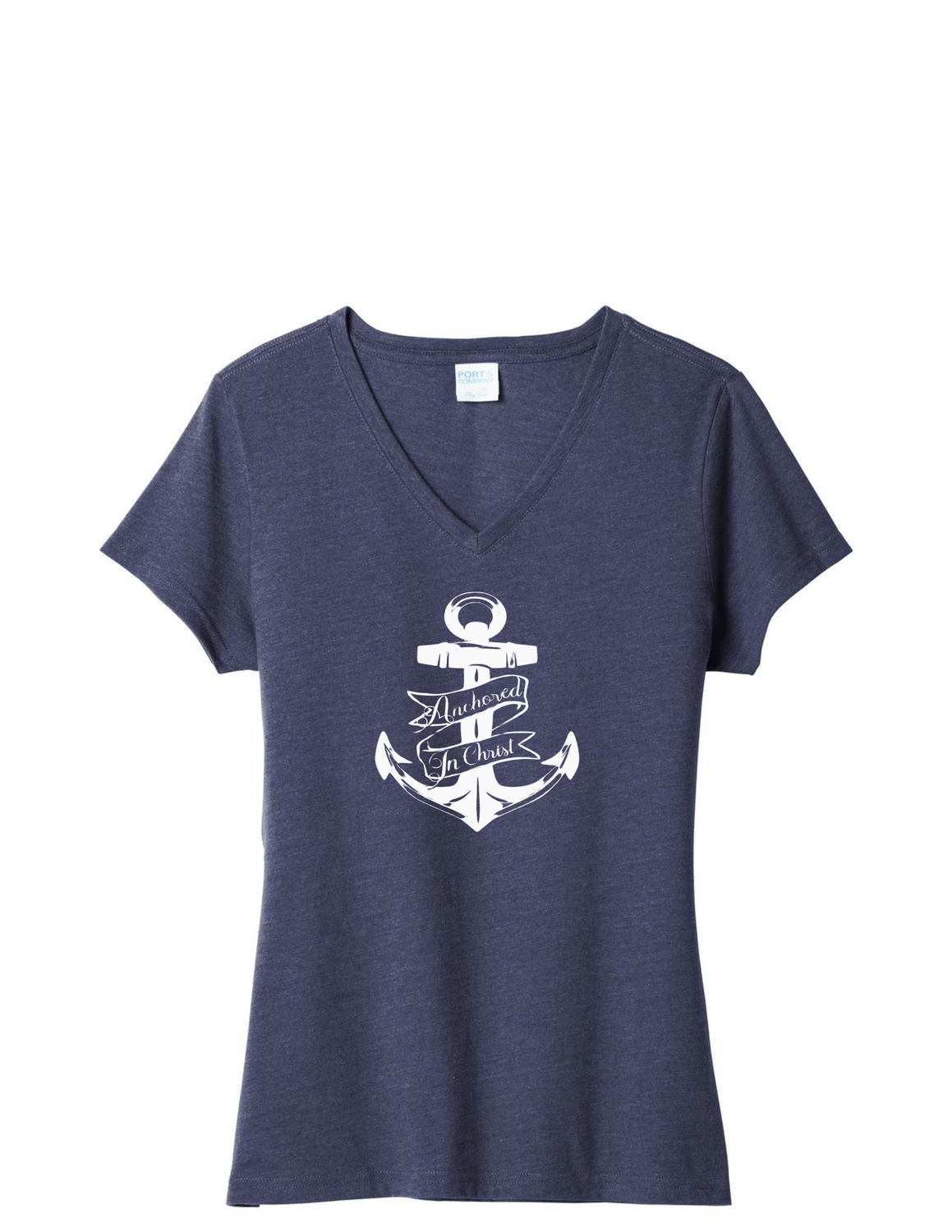 Anchored in Christ V-Neck T-Shirt, Color: Team Navy, Size: XS