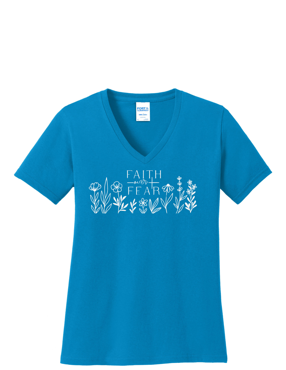 Faith Over Fear V-Neck T-Shirt, Color: Sapphire, Size: XS