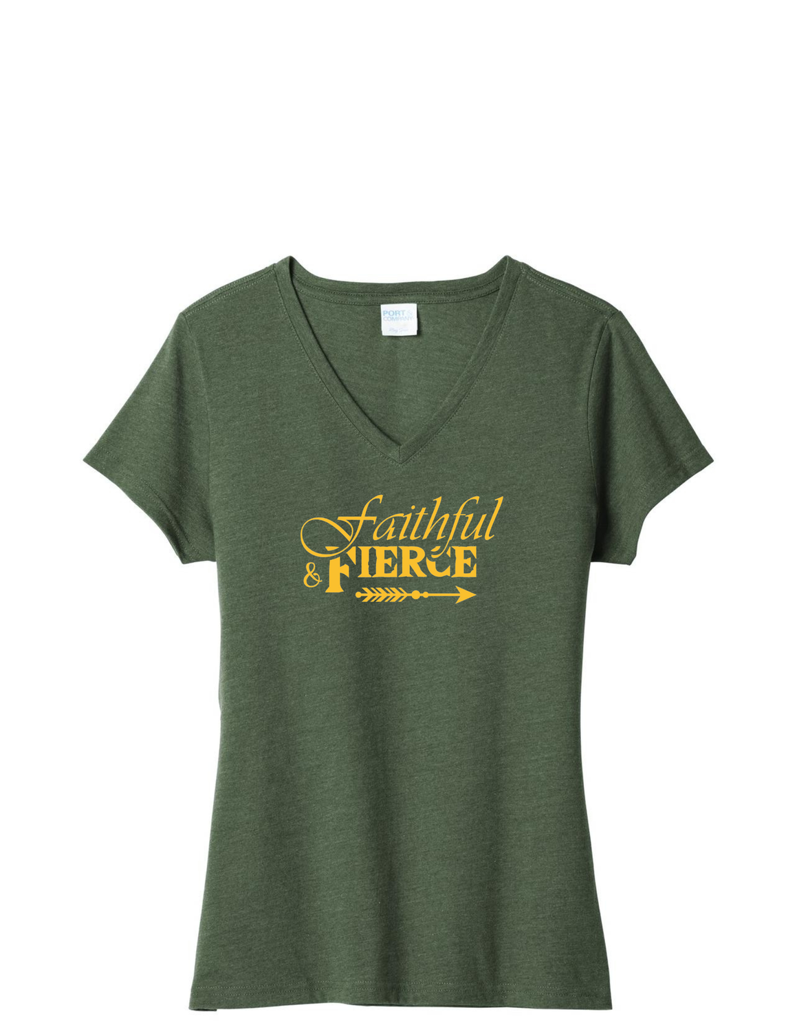 Faithful &amp; Fierce V-Neck T-Shirt, Color: Forest Green, Size: XS