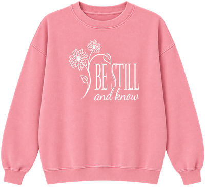 Be Still and know Pink cozy sweatshirt with floral detail.  Available in S-3X
