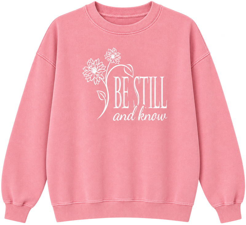 Be Still and know Pink cozy sweatshirt with floral detail.  Available in S-3X