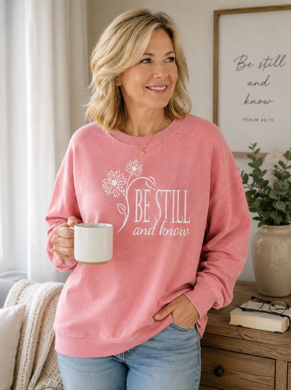 Be Still and Know Pink Sweatshirt - Christian Floral Crewneck