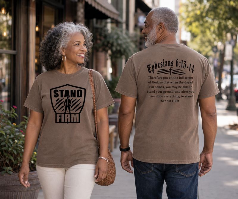 Lifestyle view of front &amp; back of Stand Firm Expresso Comfort Colors Tee.  Premium 100% ring spun cotton.  Sizes S - 4X