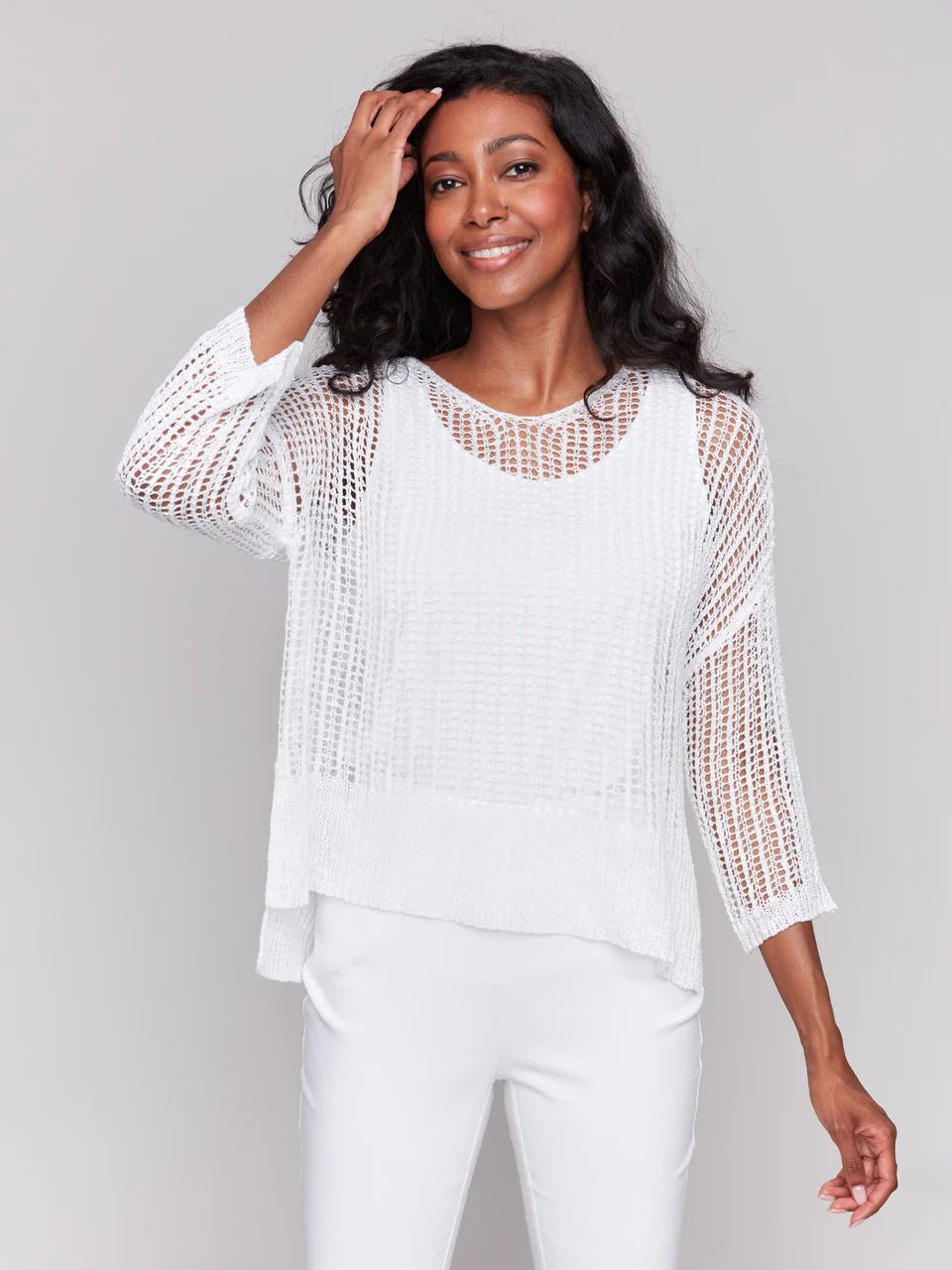 3/4 SLEEVE V-NECK SOLID FISHNET SWEATER