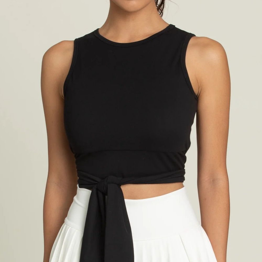 BLACK TIE WRAP AROUND YOGA TOP, Color: BLACK, Size: XS