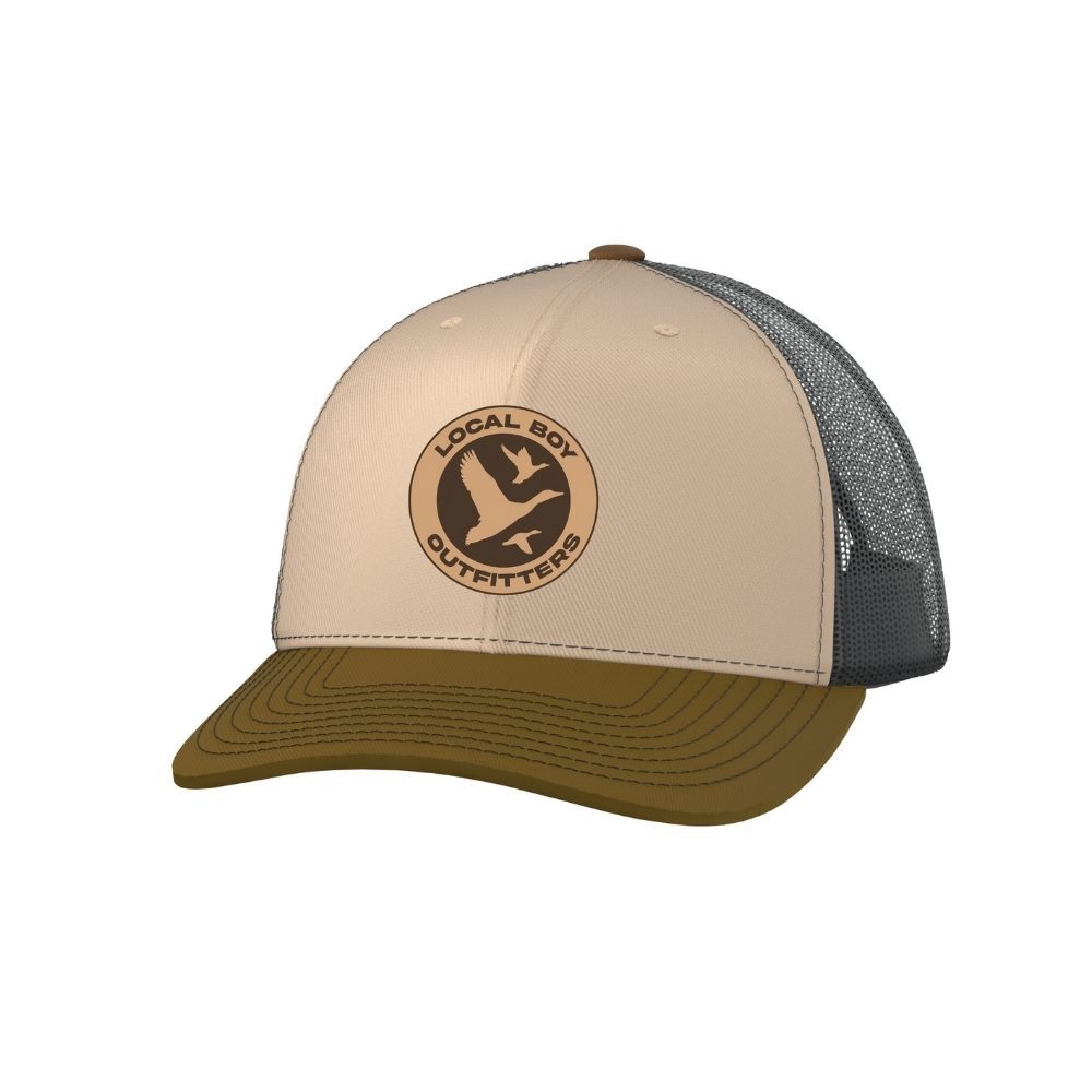DUCK EMBLEM TRUCKER HAT, Color: BEIGE/CHARCOAL/GOLD