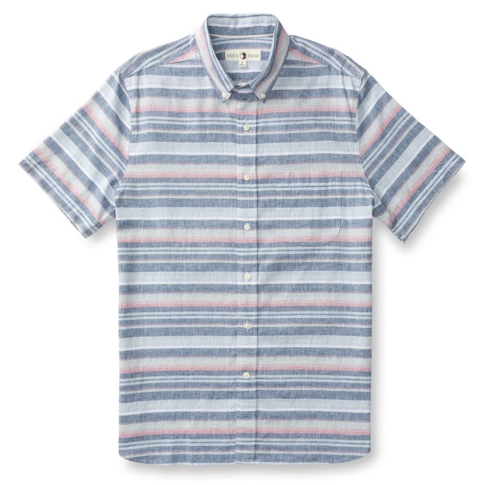 SHORTSLEEVE LINEN COTTON OXFORD SPORT SHIRT - GARDNER STRIPE, Color: SHADOW BLUE, Color Code: 992, Size: XLARGE