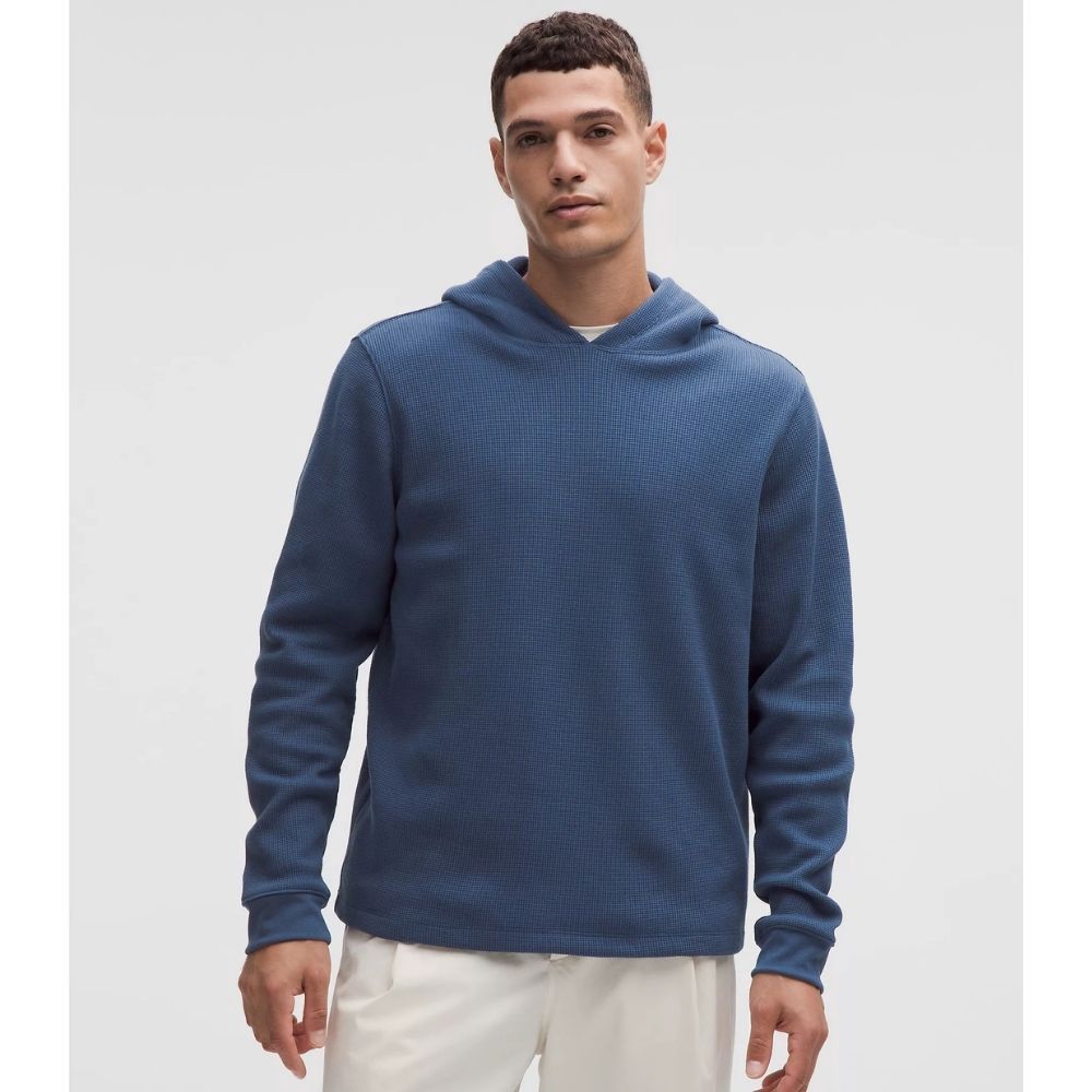 COTTON-BLEND WAFFLE KNIT HOODIE, Color: BLUE TWILL, Size: XLARGE