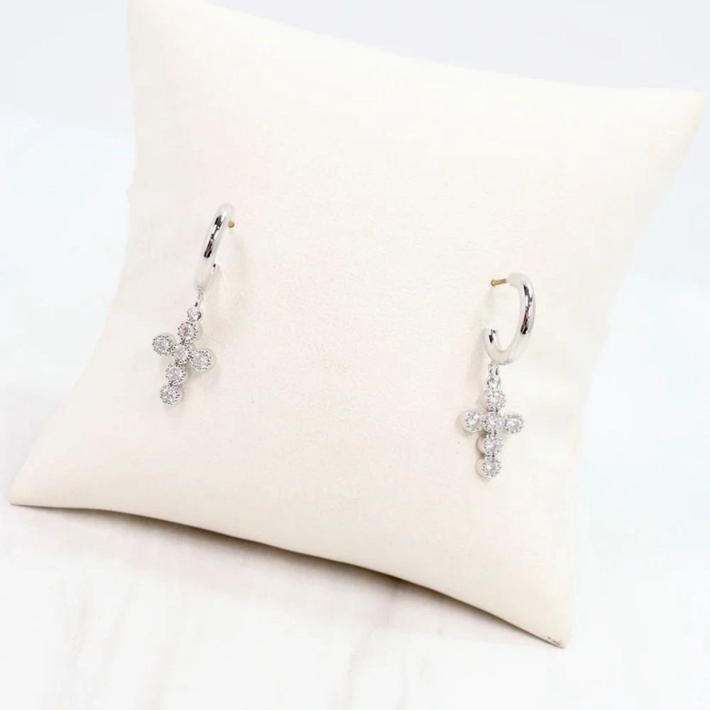 Camellia Cz Cross Hoop Earring, Color: Silver