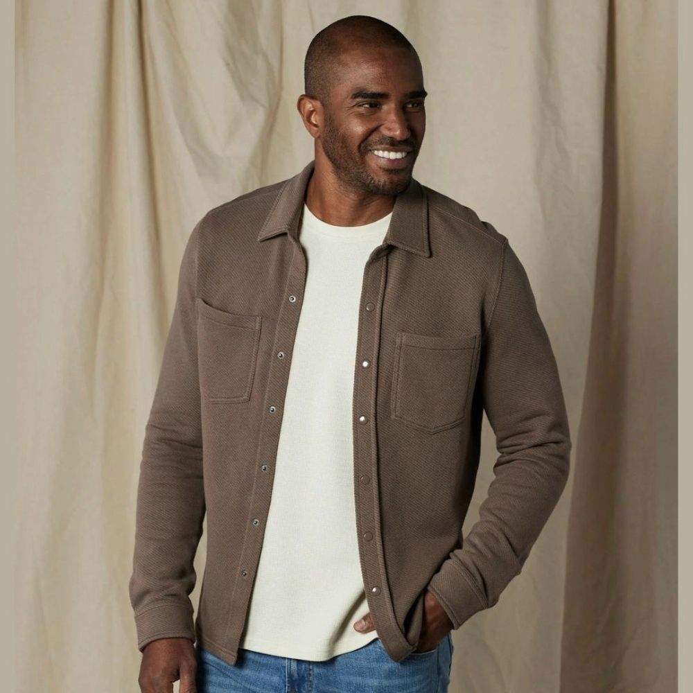 M LOOPED TERRY BUTTON UP, Color: CEDAR, Size: M