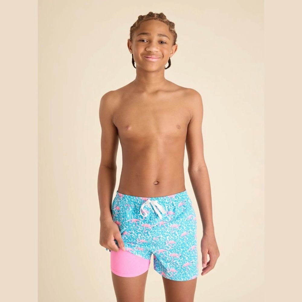 B LINED CLASSIC SWIM TRUNK - SHORTER, Color: THE DOMINGOS ARE FOR FLAMINGOS | BLUE | HOT PINK, Size: S