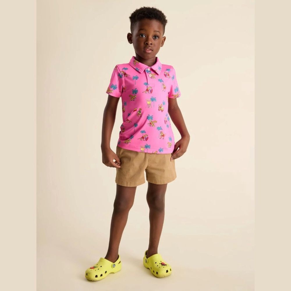 T PERFORMANCE POLO, Color: THE LITTLE ROAR-EE'S | PINK DINOSAUR PALMS, Size: 2T