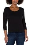 3/4 Sleeve Scoop Neck Knit Tee, Color: Black, Size: S
