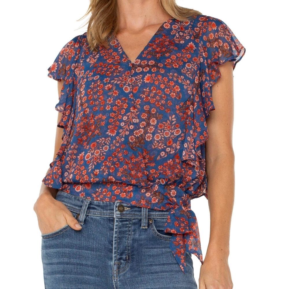 DRAPED FRONT TOP WITH WAIST TIE, Color: BLUE PINK FLORAL, Size: XS
