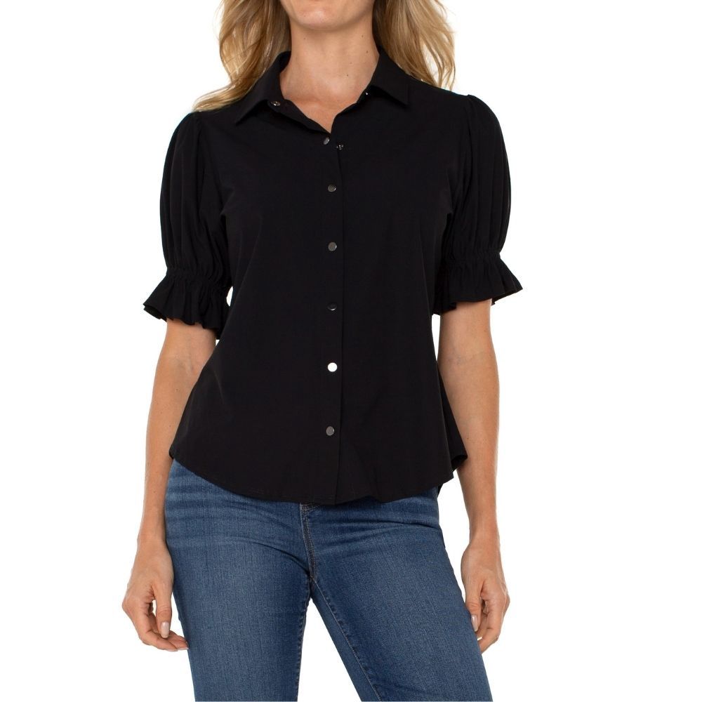 SNAP FRONT KNIT SHIRT, Color: BLACK, Size: XS