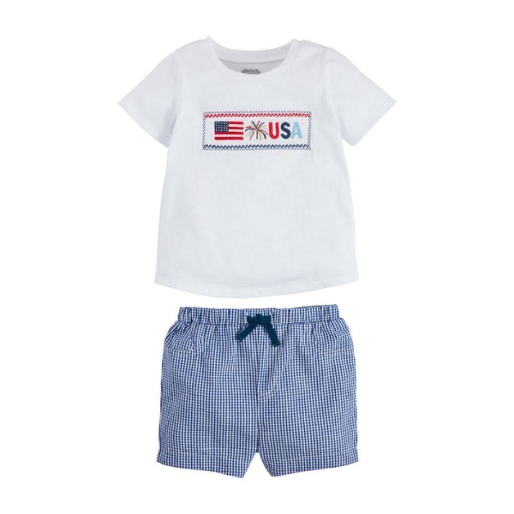 K FLAG SMOCKED SHORT SET, Color: RED | WHITE | BLUE, Size: M (2T-3T)