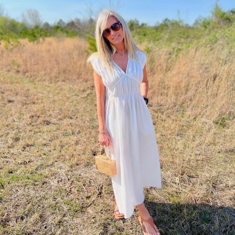 SEERSUCKER MIDI DRESS, Color: OFF WHITE, Size: S